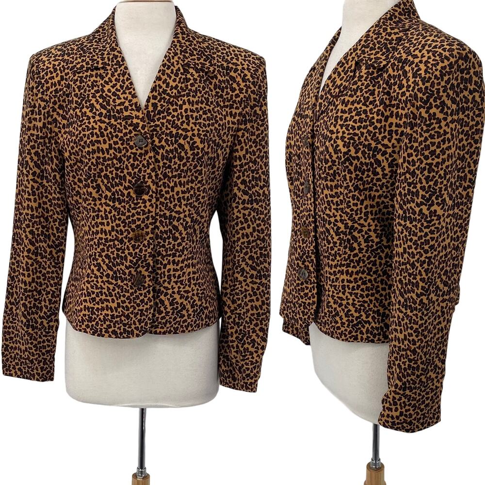 Vintage 90s Casual Corner Blazer Silk Button Down Cheetah Leopard Print NEW 12